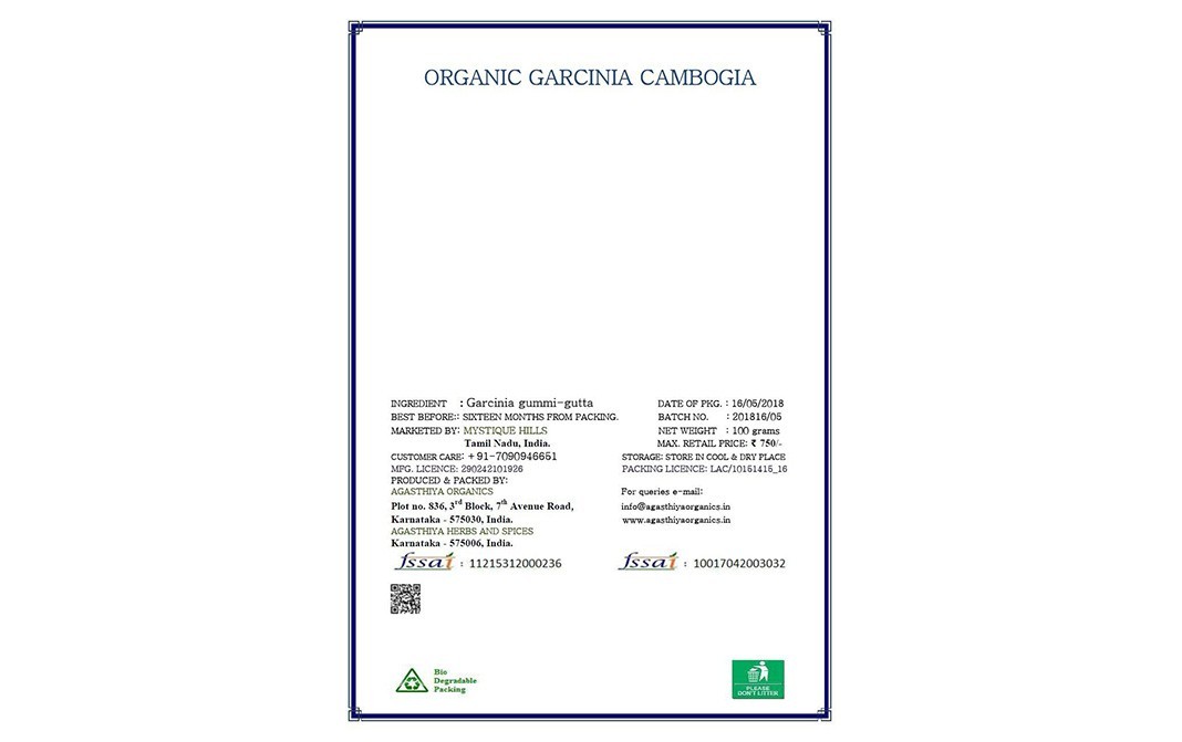 Mystique Hills Organic Garcinia Cambogia Powder   Box  200 grams